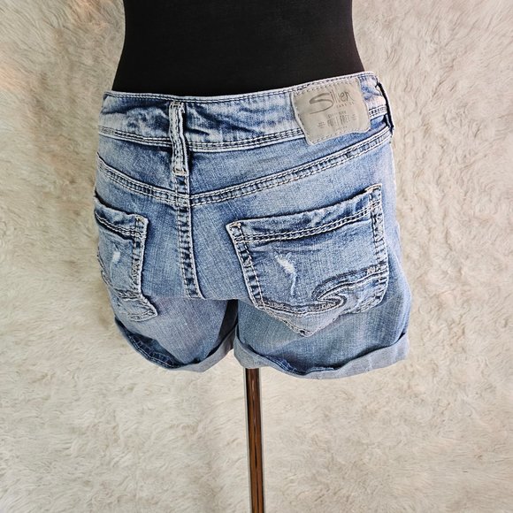 Silver Jeans Women's Blue Distress Denim Sam Shorts W27/L4 1/2 - Picture 2 of 11